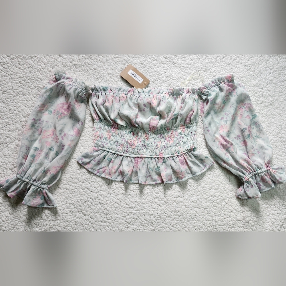 Entro Floral Off-Shoulder Crop Top - Pink and Green
